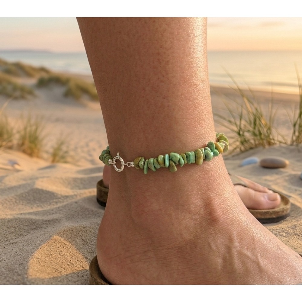Santo Domingo Green Turquoise Nuggets Anklet, Native American Jewelry 9.5"**